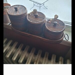 7 Piece Set of Three Brown Vintage Bamboo Canisters w/ Lids On Tray